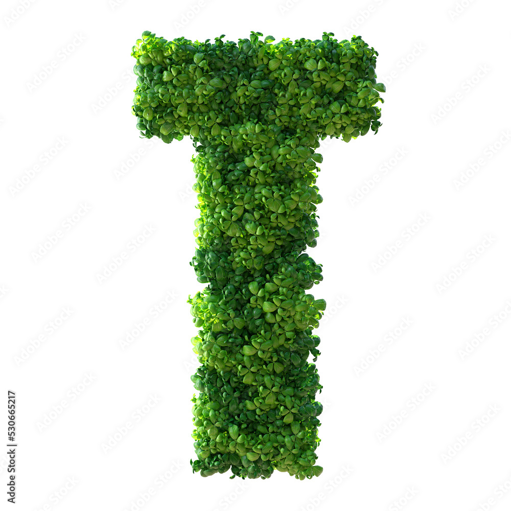 3d alphabet letter T. Green plant, leaves, grass, moss, basil, mint. Isolated on a white background with Clipping Path. 3d illustration. 3d alphabet letter T. Green plant, leaves, grass, moss, basil, mint. Isolated on a white background with Clipping Path. 3d illustration.