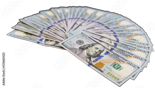 Fan of US 100 dollar banknotes on transparent background