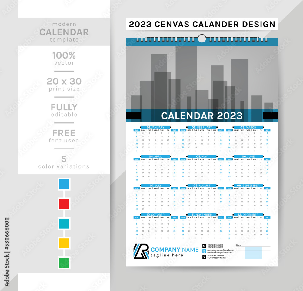 Wall calendar and planner diary template for the year 2023. This