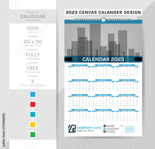 Wall calendar and planner diary template for the year 2023. This creative elegant calendar is a must for your home and office. 2 theme colorwork, black, and others. The 12-page week begins on Sunday.