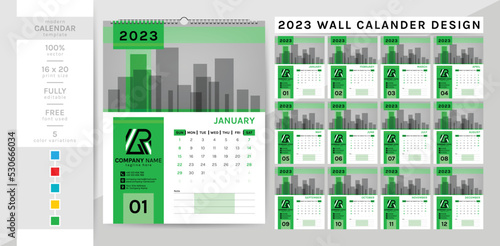 Wall calendar and planner diary template for the year 2023. This creative elegant calendar is a must for your home and office. 2 theme colorwork, black, and others. The 12-page week begins on Sunday.