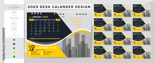 Desk calendar and planner diary template for the year 2023. This creative elegant calendar is a must for your home and office. 2 theme colorwork, black, and others. The 12-page week begins on Sunday.