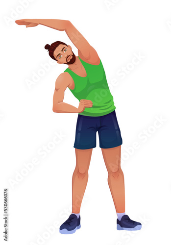 Sporty guy is doing exercise. Muscular fitness man is stretching. Colorful illustration in cartoon style. Vector art isolated on white background.