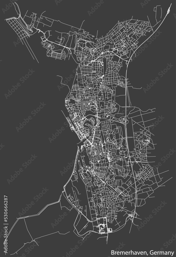 Obraz premium Detailed negative navigation white lines urban street roads map of the German regional capital city of BREMERHAVEN, GERMANY on dark gray background