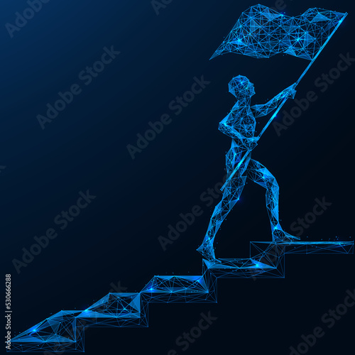 Man with a flag in his hands goes up the stairs. Polygonal design of lines and dots. Blue background.