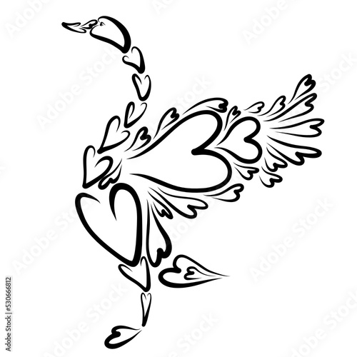 standing swan made of hearts flap wings  creative romantic black pattern on white background