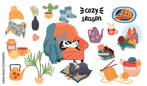 Collection of things that create a cozy atmosphere in the house.Armchair with a blanket, cat, dog, kettle, cup, warm clothes, cake, candles,books.Vector flat style clipart for design card,poster.
