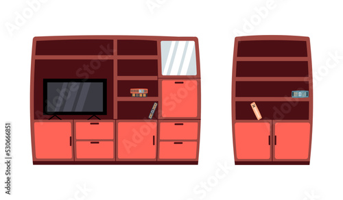 Wardrobe with shelves,books and televisor.Set of furniture for living room isolated on white background.Colorful  clipart for design card,poster,banner.Vector flat cartoon illustration.