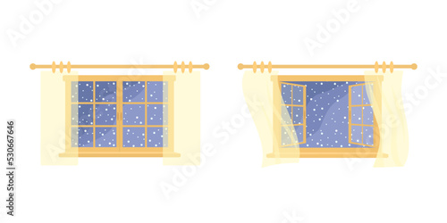 Open and closed window on white background. Vector illustration. Home interior concept. Cartoon flat style