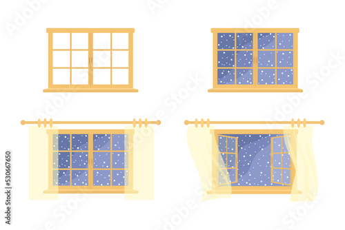 Set of open and closed windows on white background. Cartoon flat style. Home interior concept. Vector illustration