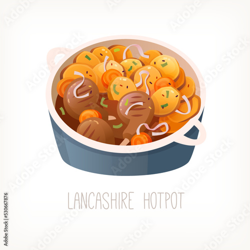 Lancashire hotpot. Popular traditional english dinner dish with sliced potatoes and lamb muttons. Classic british stew with meat.  Isolated vector image.