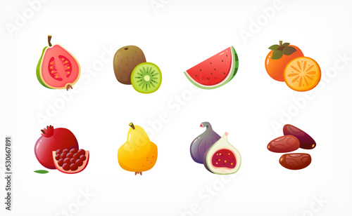 Collection of colourful icons of fresh asian tropical fruit. Whole fruit  with a slice images. Common organic products at grocery markets. Isolated vector images of tasty sweet exotic organic grocery.
