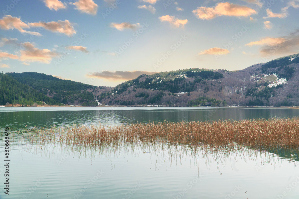 Abant lake in Bolu Turkey. Lake and mountain landscape with reflections at sunset. Beautiful nature view in Bolu Abant