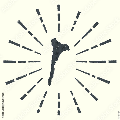 Ko Samet Logo. Grunge sunburst poster with map of the island. Shape of Ko Samet filled with hex digits with sunburst rays around. Elegant vector illustration.