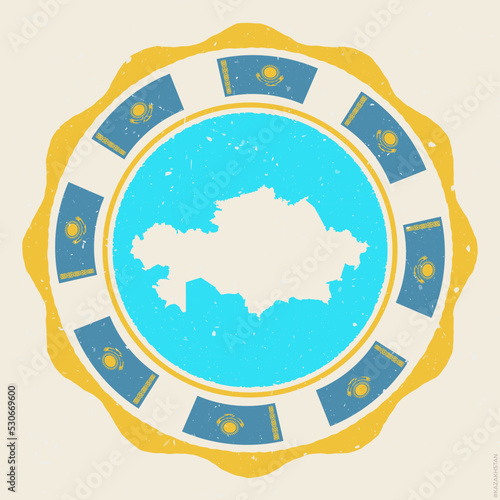 Kazakhstan vintage sign. Grunge round logo with map and flags of Kazakhstan. Creative vector illustration.
