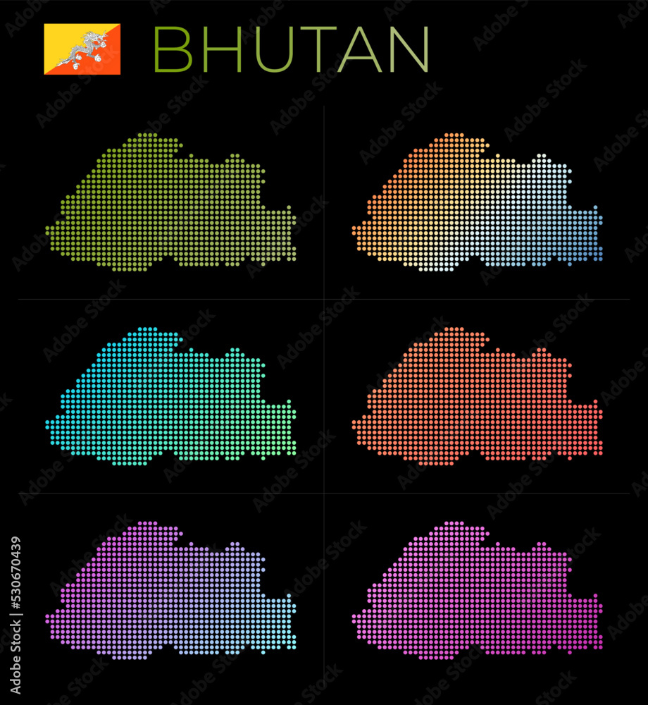 Bhutan dotted map set. Map of Bhutan in dotted style. Borders of the country filled with beautiful smooth gradient circles. Authentic vector illustration.
