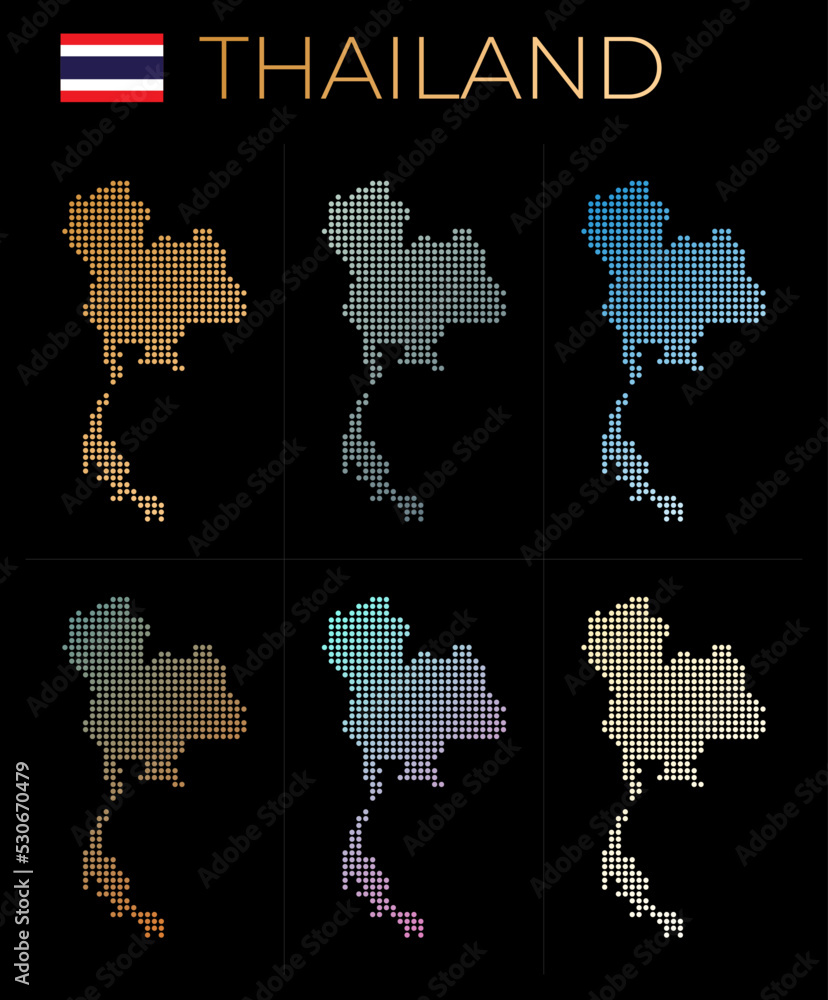 Thailand dotted map set. Map of Thailand in a dotted style. Borders of the country filled with beautiful smooth gradient circles. Radiant vector illustration. Thailand dotted map set. Map of Thailand in a dotted style. Borders of the country filled with beautiful smooth gradient circles. Radiant vector illustration.