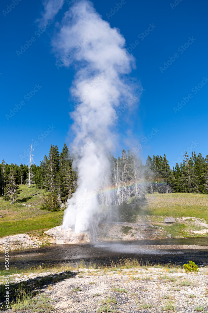Riverside Geyer erupts on a sunny summer day, with a rainbow Riverside Geyer erupts on a sunny summer day, with a rainbow