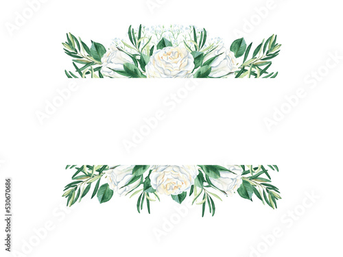 Floral wedding watercolor horisontal frame. Rustic style. White creamy roses, olive and gypsophila branches isolated on white background. Can be used for cards, banners, cosmetic design.