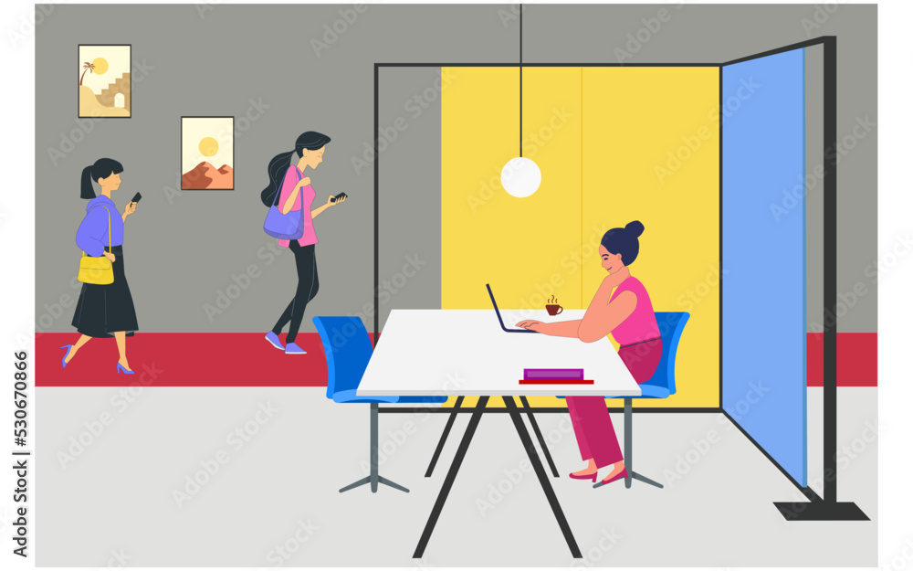 A beautiful woman working on the laptop at modern office and other staff women leaving office after business hours. Flat vector illustration.