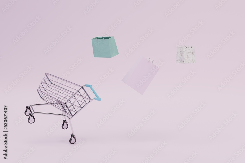 the concept of buying gifts. trolley for goods from which gift bags fly out. 3D render
