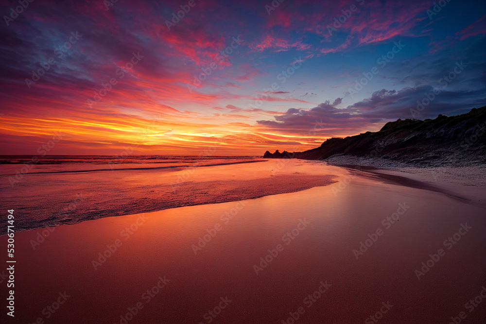 Beautiful beach sunset, colorful clouds and waves