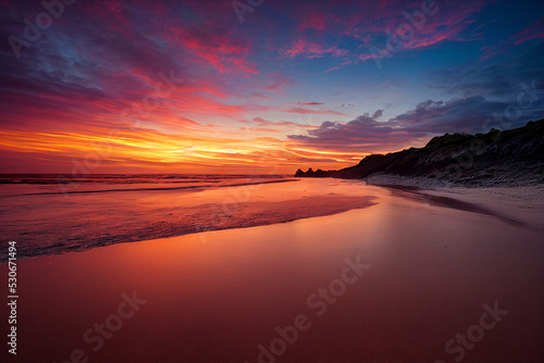 Foto Beautiful beach sunset, colorful clouds and waves