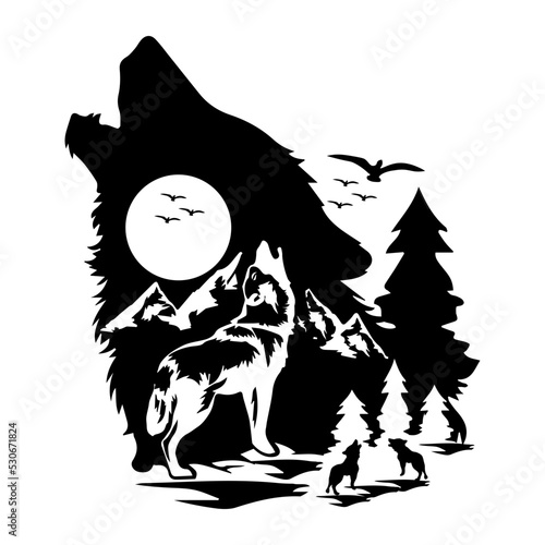 Obraz na plátně wolf svg, howling wolf svg, mountain svg, wolf clipart, wolf png, mountains svg,