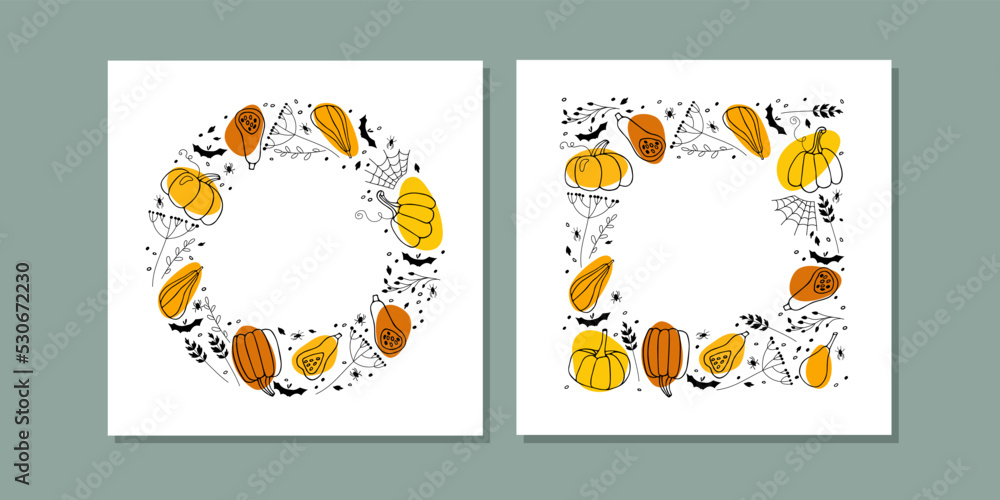 Halloween frames. Round and square Borders with orange Pumpkins, black dry plants, bat, spider, cobweb. Hand drawn autumn vector backdrops with copy space. Halloween holidays sketch design