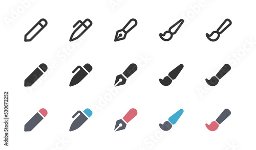 Paintbrush, pen, pencil icon set. Office tool silhouette symbol in vector flat photo