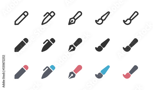 Paintbrush, pen, pencil icon set. Office tool silhouette symbol in vector flat