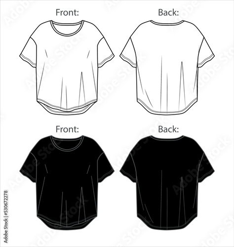Vector short sleeved T-Shirt fashion CAD, woman round neck dropped shoulder top technical drawing, template, flat, sketch. Jersey or woven fabric 2 pieces set tshirt with front, back view, white color