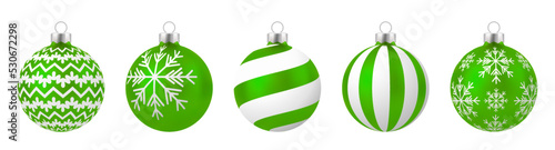 Set of Realistic green Christmas balls with ornament isolated on white background.