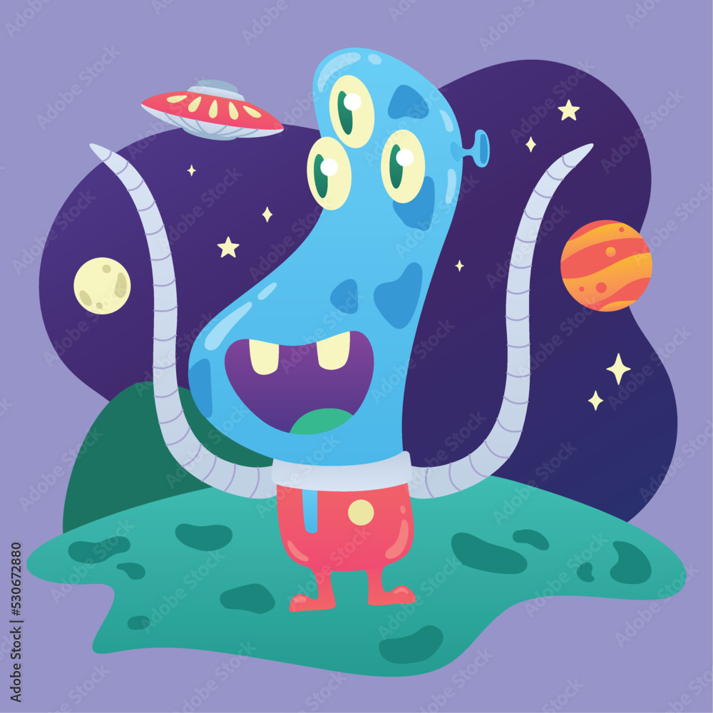 Cute blue alien character with three eyes and tentacles Vector Stock ...