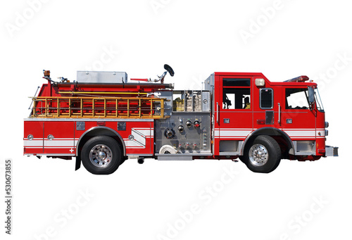 Valokuva Fire engine ladder truck isolated.
