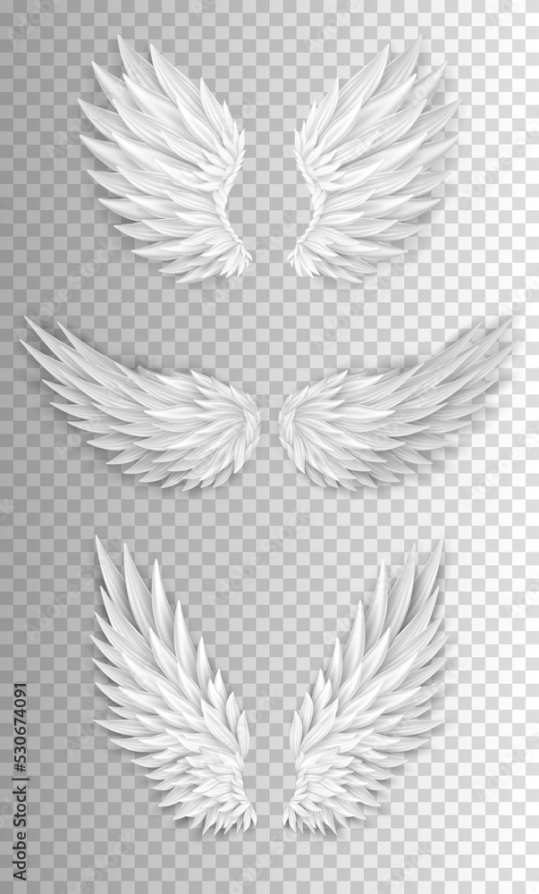 Set of different realistic 3d white angel wings. Masquerade, festival, carnival costume. Cartoon bird wings isolated on transparent background. Freedom, spiritual concept. Vector illustrator EPS 10 Set of different realistic 3d white angel wings. Masquerade, festival, carnival costume. Cartoon bird wings isolated on transparent background. Freedom, spiritual concept. Vector illustrator EPS 10