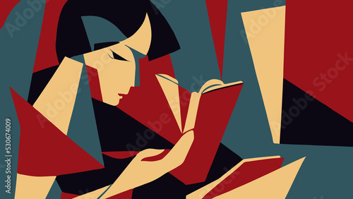 Abstract colorful silhouette of a woman with a book, art painting. Surreal art collage design.