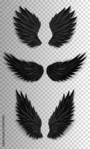 Set of different black devil wings isolated on transparent background. Dark angel outfit, masquerade, carnival costume. Daemon's realistic wings. Three dimensional vector monster or bird wings