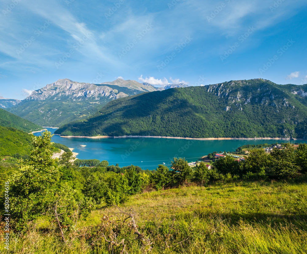 Piva Lake (Pivsko Jezero) and Pluzine town view in Montenegro.