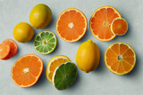 Limes, oranges and lemons on light grey background. 3d illustration