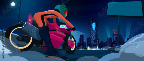 Biker girl in an orange suit on a futuristic powerful motorcycle. hi teсh cyberpunk motorcycle. Burnout. Smoke from under the wheels. Night city on the background. Neon. Sci fi vector illustration
