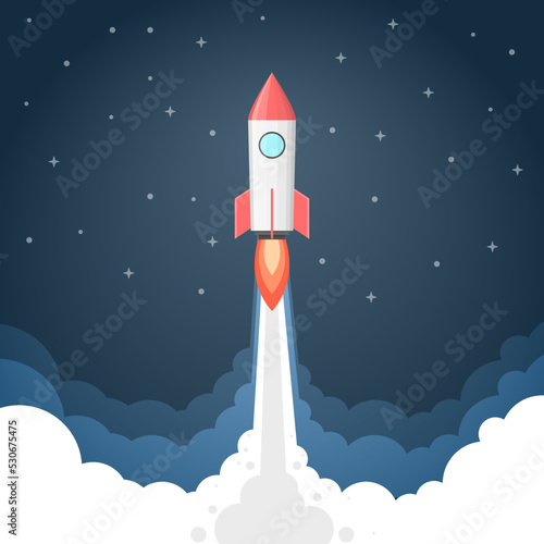Rocket launch in the sky above the clouds. A spaceship in clouds of smoke. Business concept. The launch template. Horizontal background. Simple modern cartoon design.