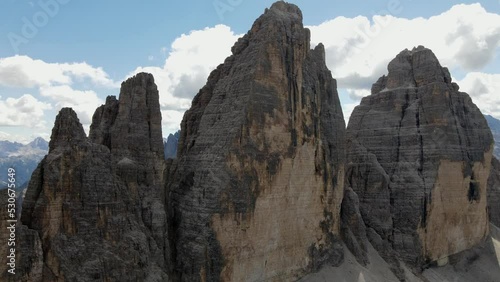 Aerial views of The Tre Cime di Lavaredo in The Italian Dolomites
