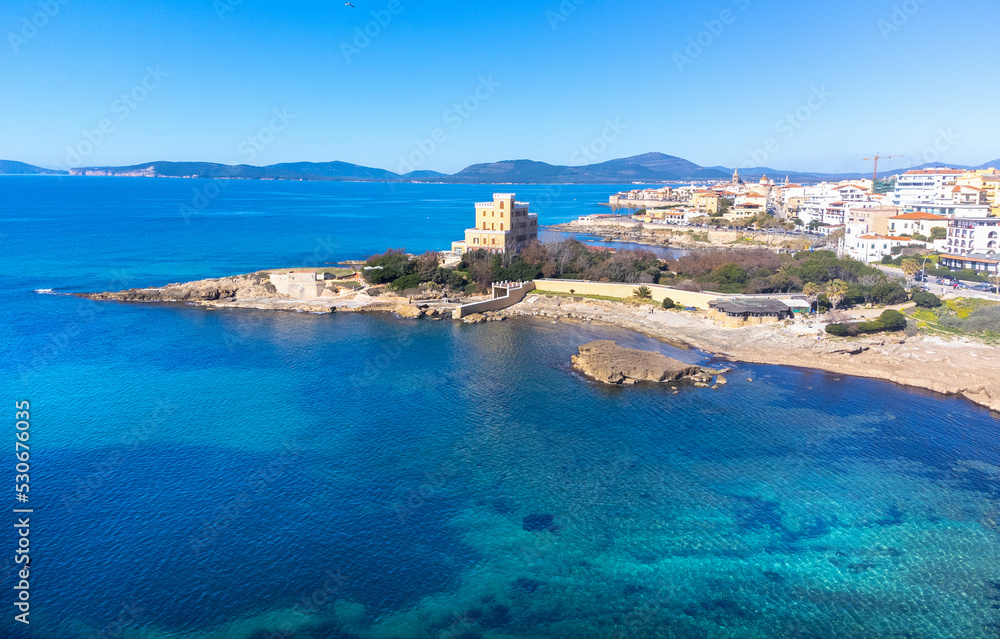 Aerial view of Alghero seafront on a sunny day