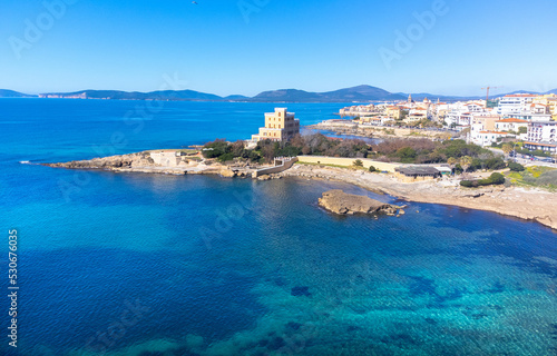 Fototapeta Naklejka Na Ścianę i Meble -  Aerial view of Alghero seafront on a sunny day