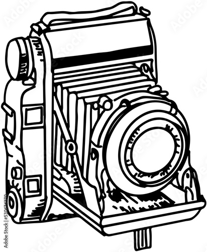old photographic and cine equipment folding camera, camera with bellows in vector