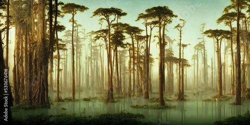 swamp in a cypress forest, lush flooded woodland with old trees photo