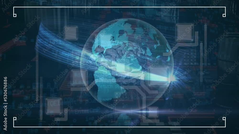 Animation of globe and data processing over computer circuit board Animation of globe and data processing over computer circuit board