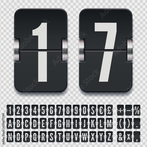 Airport terminal mechanical scoreboard alphabet with numbers for showing flight departure or arrival information. Black flip board regular font to display destination and timetable vector illustration