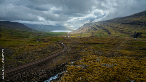 Scenic road and surreal landscape in the highlands of Iceland.